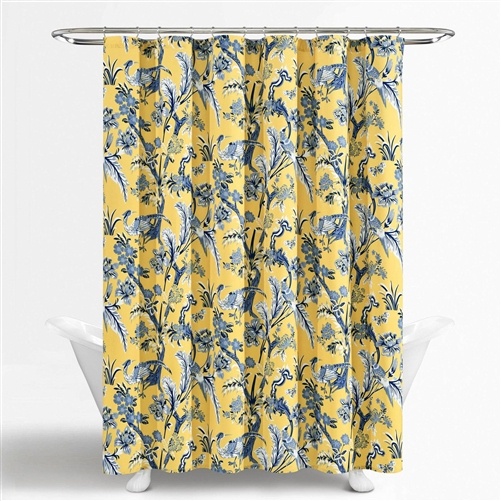 72-Inch Yellow Navy Blue White Exotic Birds Floral Polyester Shower Curtain