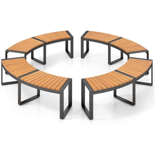 Set Of 4 - Round Outdoor Metal Wood Backless Bench - Around Table Tree Fire Pit