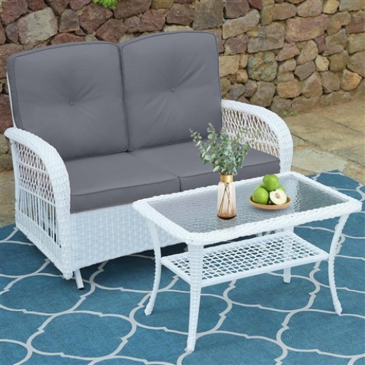 2 Piece White Pe Wicker Glider Loveseat Bench With Grey Cushion And Coffee Table