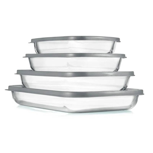 Set Of 4 - Rectangular Oven Safe Glass Bakeware Set With Grey Plastic Lids
