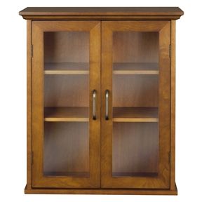 Oak Finish Bathroom Wall Cabinet With Glass 2-Doors & Shelves
