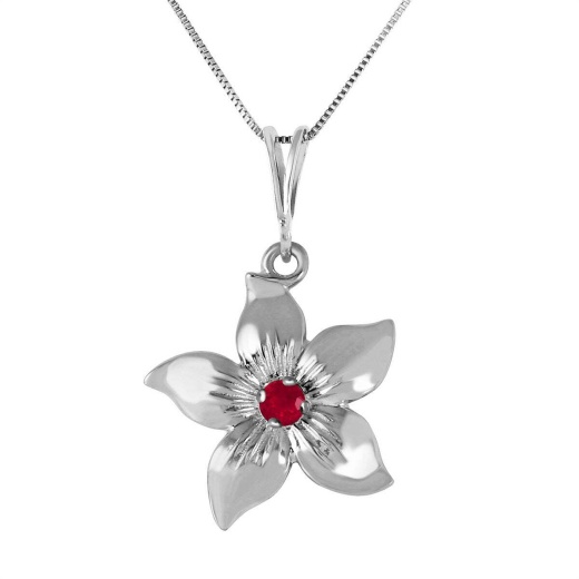 0.1 Carat 14K Solid White Gold Flower Necklace with Natural Ruby