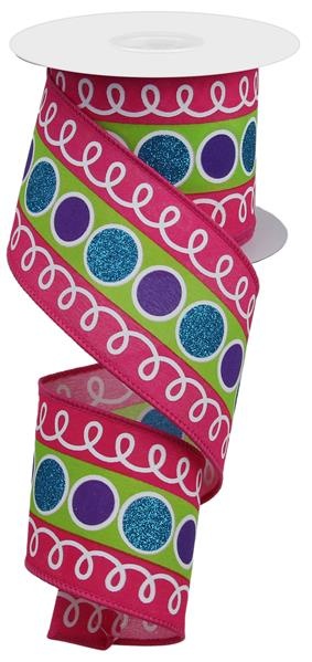 2.5"X10yd Stripe Glitter Circle With Loops - Turquoise, Lime, Purple, Pink