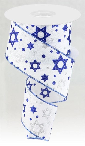 2.5"X10yd Jewish Glitter Star Of David On Royal Burlap Ribbon