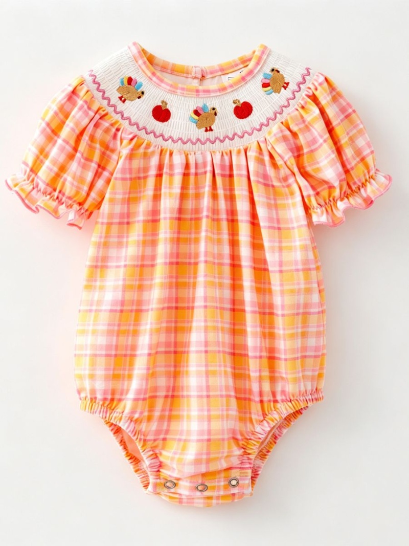 Baby Girl Thanksgiving Turkey Smocked Plaid Bubble Romper