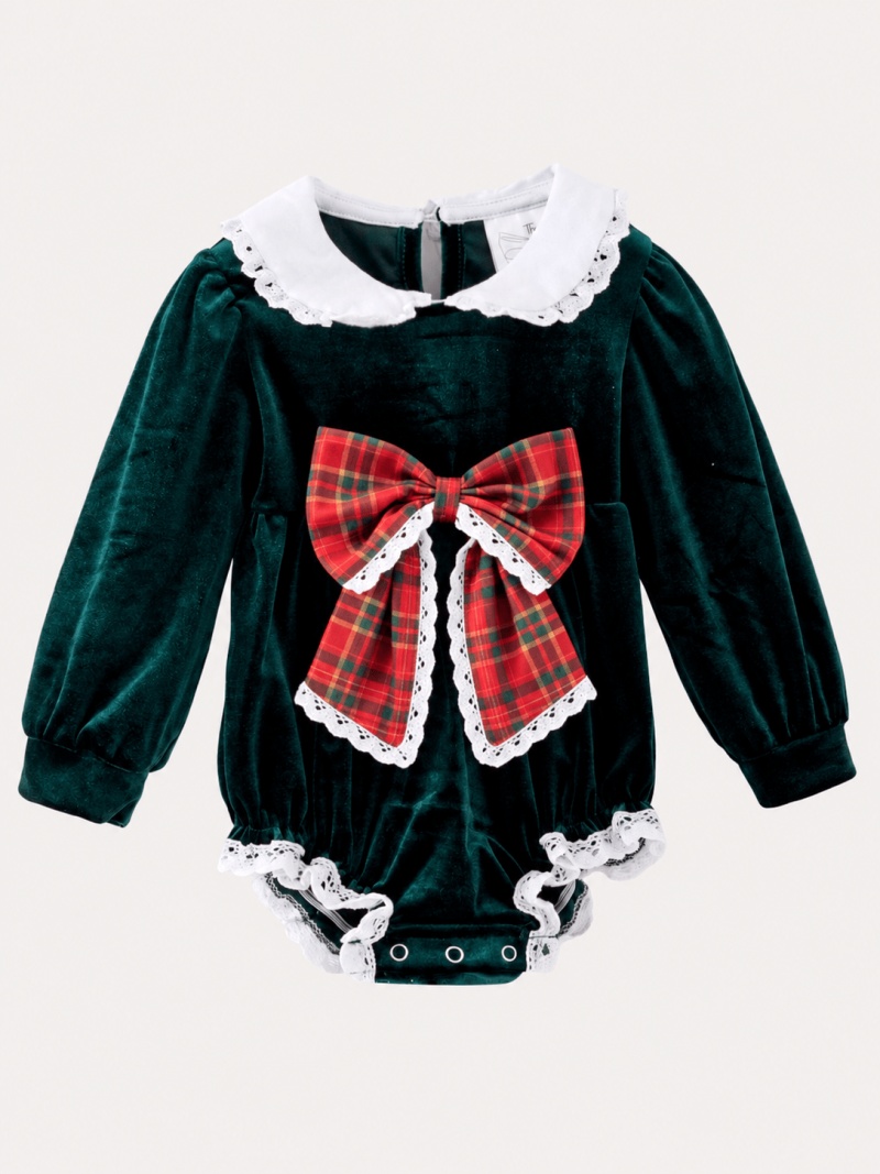 Plaid Bow Baby Girl Velvet Christmas Romper