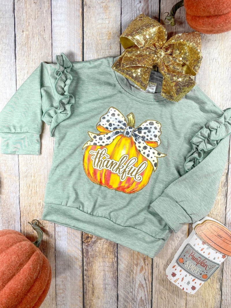 Thankful Pumpkin Green Long Sleeve Thanksgiving Shirt for Girls