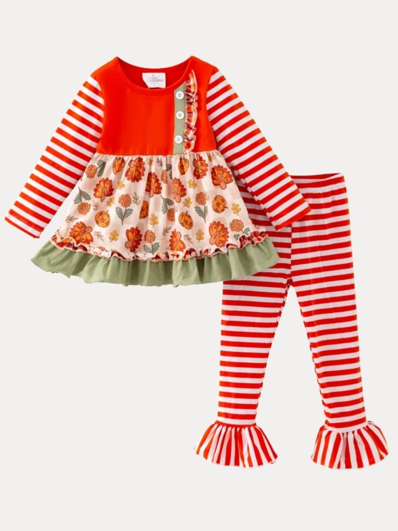 Girls Turkey Floral Thanksgiving Tunic & Striped Legging Set