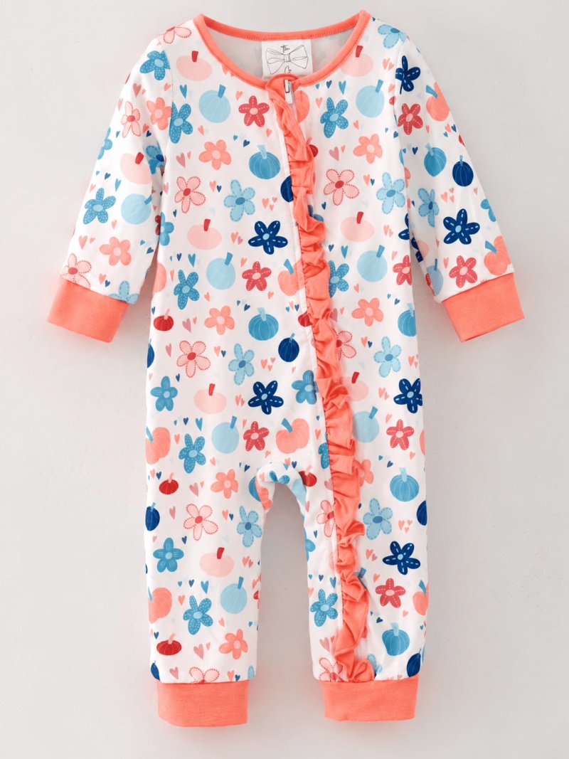 Fall Pumpkin Floral Ruffle Baby Romper