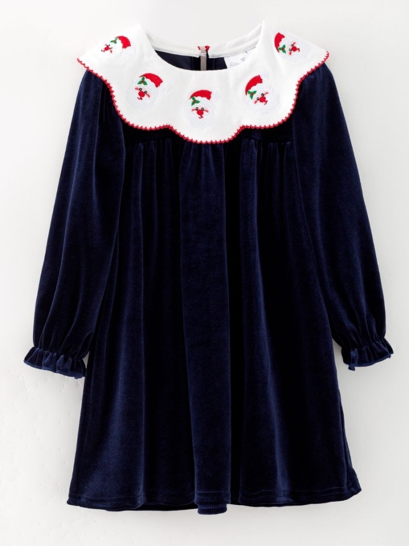 Navy Velvet Santa Collar Girls Dress