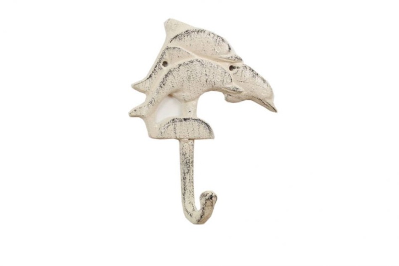 Whitewashed Cast Iron Dolphins Wall Hook 6"