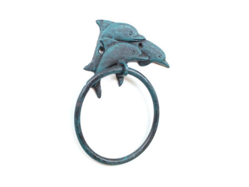 Seaworn Blue Cast Iron Dolphins Towel Holder 7"