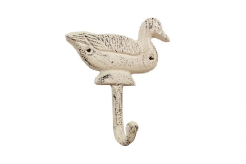 Whitewashed Cast Iron Mallard Duck Wall Hook 6"