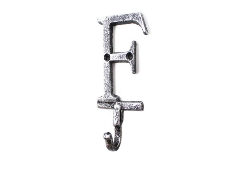Rustic Silver Cast Iron Letter F Alphabet Wall Hook 6"