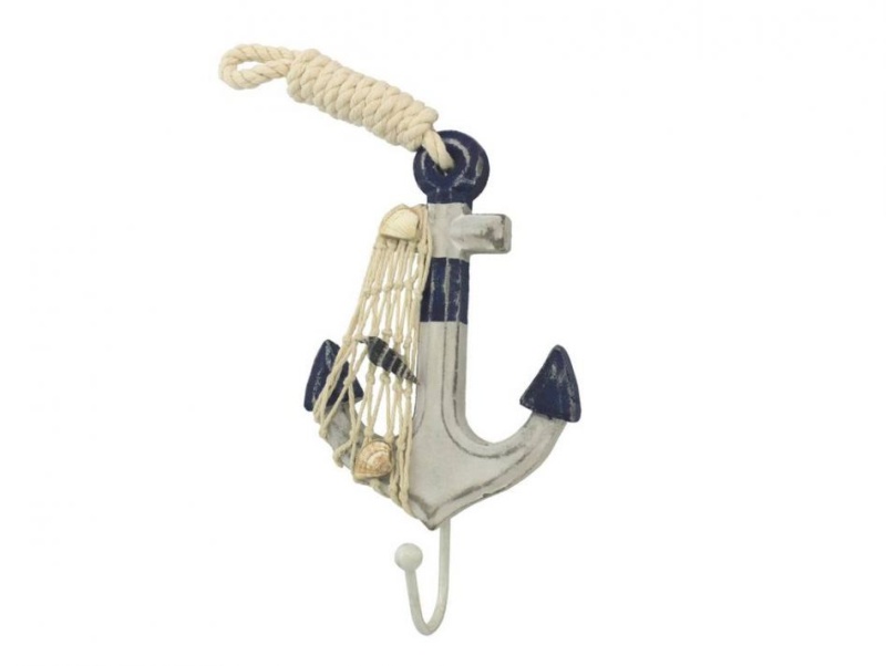 Wooden Rustic Blue and White Anchor with Hook, 7"