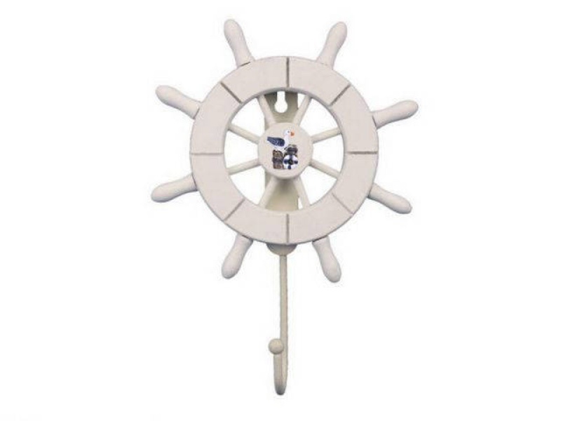 White Decorative Ship Wheel With Seagull And Hook 8"