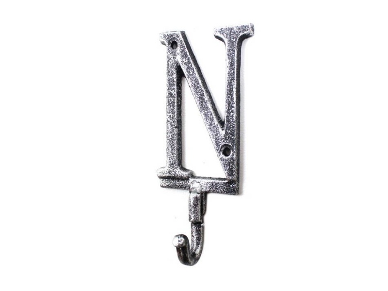 Rustic Silver Cast Iron Letter N Alphabet Wall Hook 6"