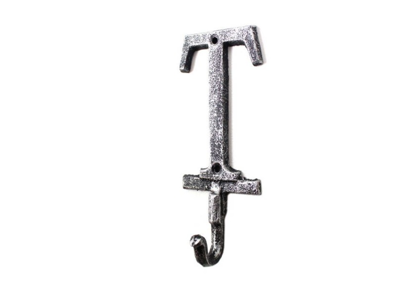 Rustic Silver Cast Iron Letter T Alphabet Wall Hook 6"