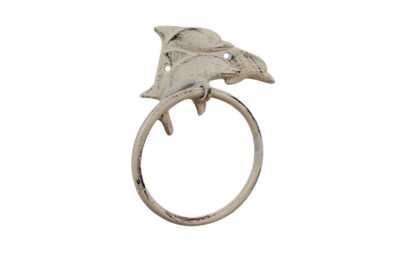 Whitewashed Cast Iron Dolphins Towel Holder 7"