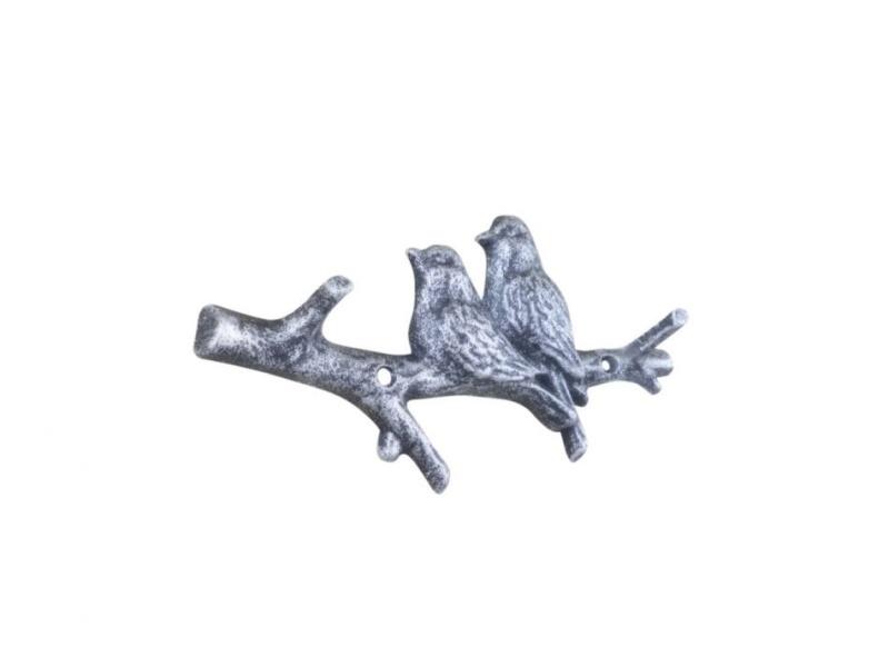 Rustic Silver Cast Iron Birds On Branch Decorative Metal Wall Hooks 8"