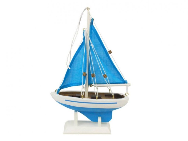 Wooden Light Blue Sailboat With Light Blue Sails Christmas Tree Ornament 9"