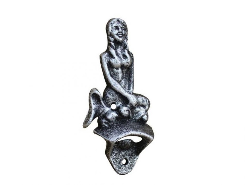 Antique Silver Cast Iron Wall Mounted Mermaid Bottle Opener 6"