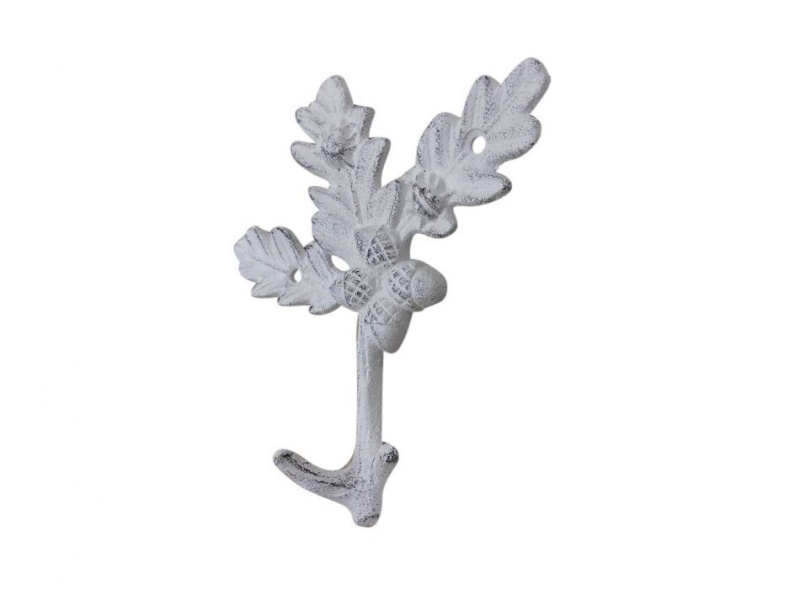 Whitewashed Cast Iron Oak Tree Leaves With Acorns Decorative Metal Tree Branch Hooks 6.5"