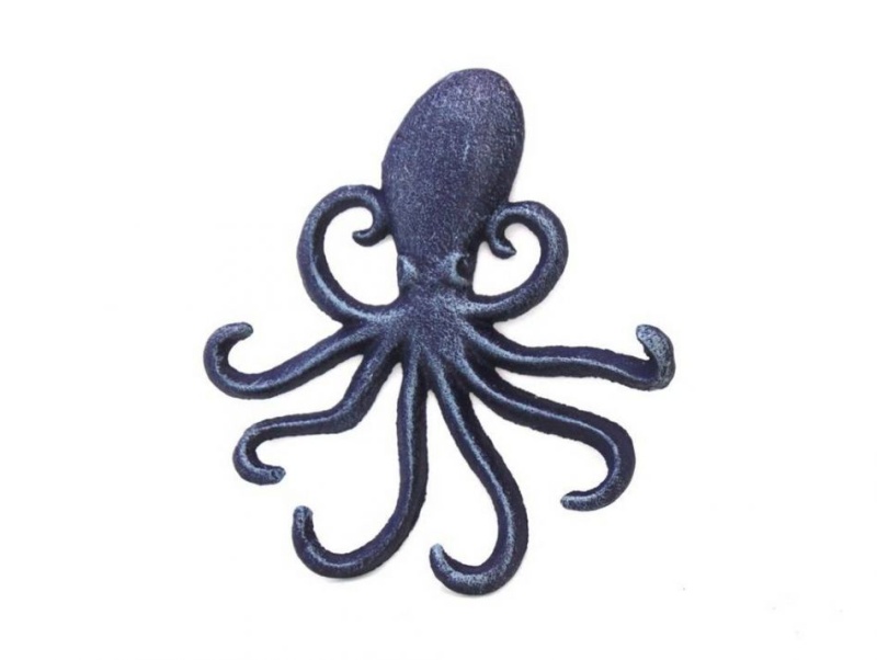Rustic Dark Blue Cast Iron Wall Mounted Decorative Octopus Hooks 7"