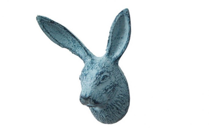 Rustic Dark Blue Whitewashed Cast Iron Decorative Rabbit Hook 5"