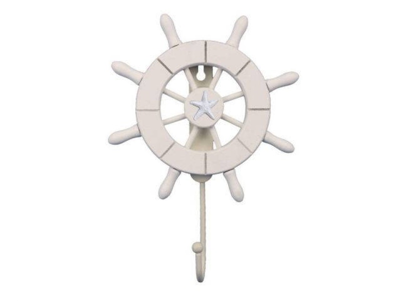 White Decorative Ship Wheel With Starfish And Hook 8"