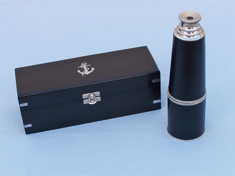 Chrome Leather Spyglass Telescope 27" with Black Rosewood Box