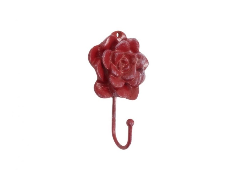 Red Whitewashed Cast Iron Decorative Rose Hook 7"