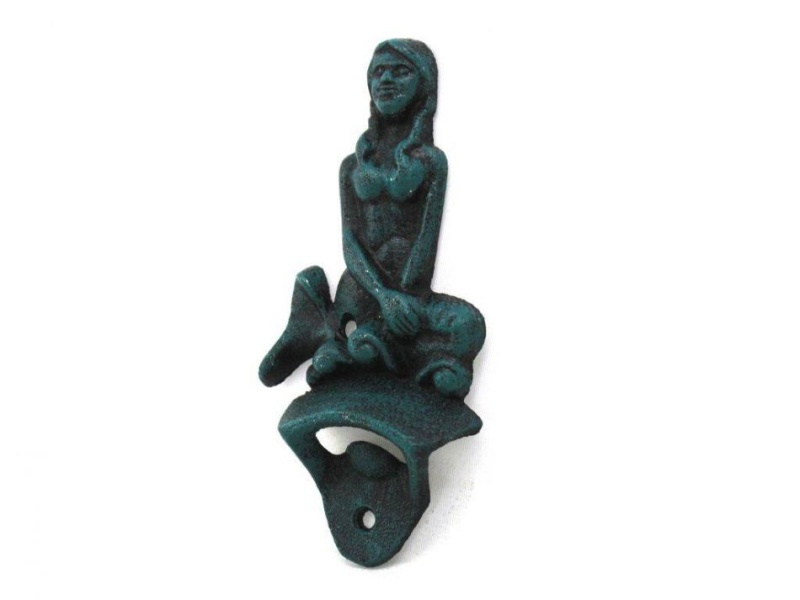 Seaworn Blue Cast Iron Wall Mounted Mermaid Bottle Opener 6"