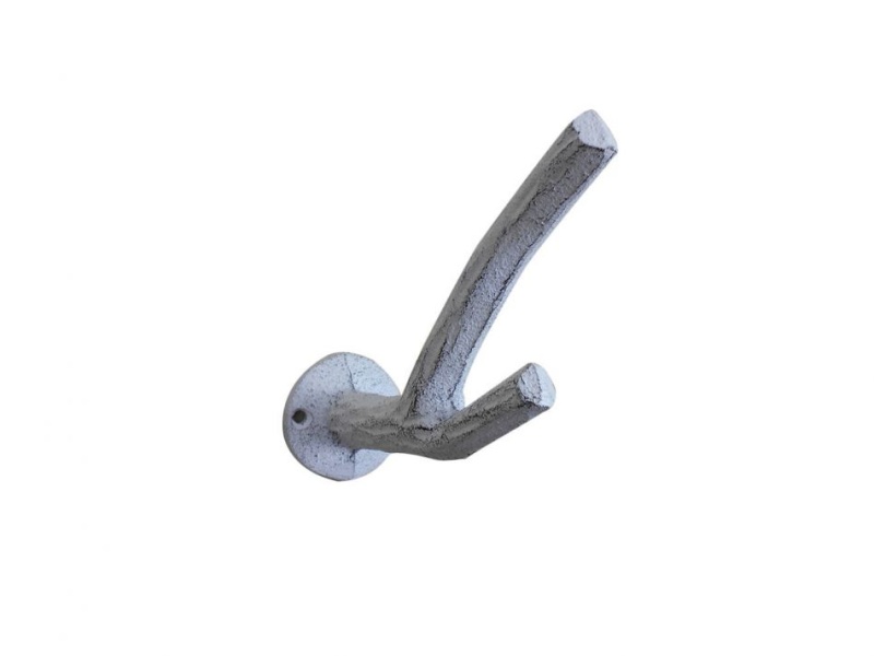 Whitewashed Cast Iron Tree Branch Double Wall Hook 5"