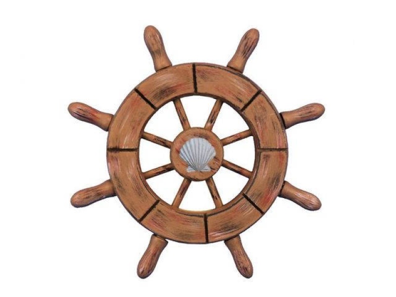Rustic Wood Finish Decorative Ship Wheel With Seashell 6"