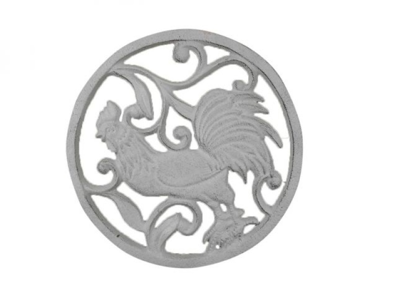 Whitewashed Cast Iron Rooster Trivet 8"