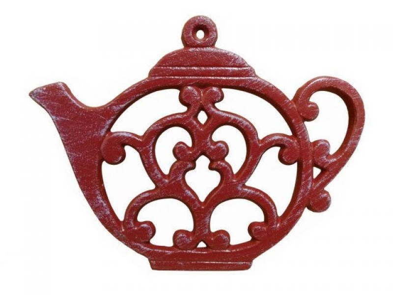 Rustic Red Whitewashed Cast Iron Round Teapot Trivet 8"
