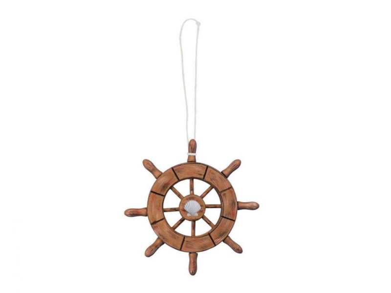 Rustic Wood Finish Decorative Ship Wheel Christmas Ornament 6"