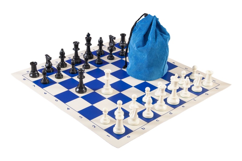 Drawstring Chess Set Combination - Single Weighted Regulation Pieces | Vinyl Chess Board | Drawstring Bag