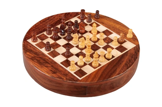 Magnetic Wooden Travel Chess Set - 9" Circle - Golden Rosewood And Maple
