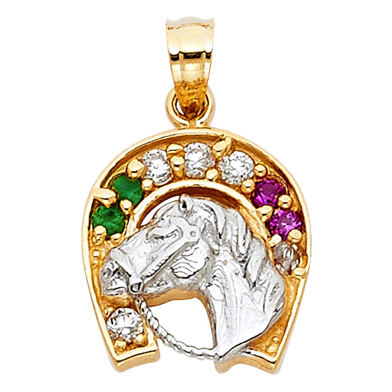 14K Gold Cz Lucky Horseshoe Charm Pendant