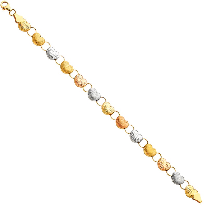 14K Gold Light Stampato Hearts Bracelet - 7.25'