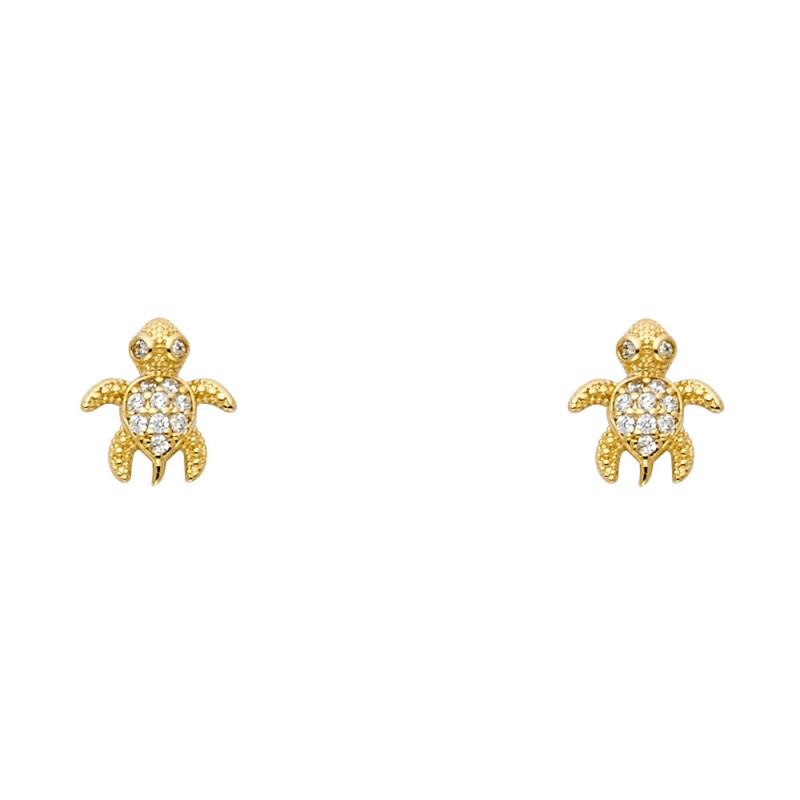 14K Gold Cz Tiny Sea Turtle Stud Earrings