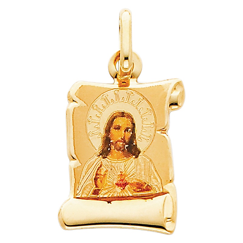 14K Gold Jesus Heart Enamel Religious Pendant