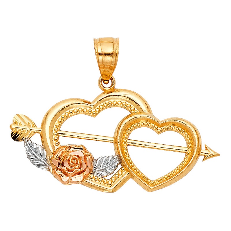 14K Gold Double Heart With Cupid Arrow Charm Pendant
