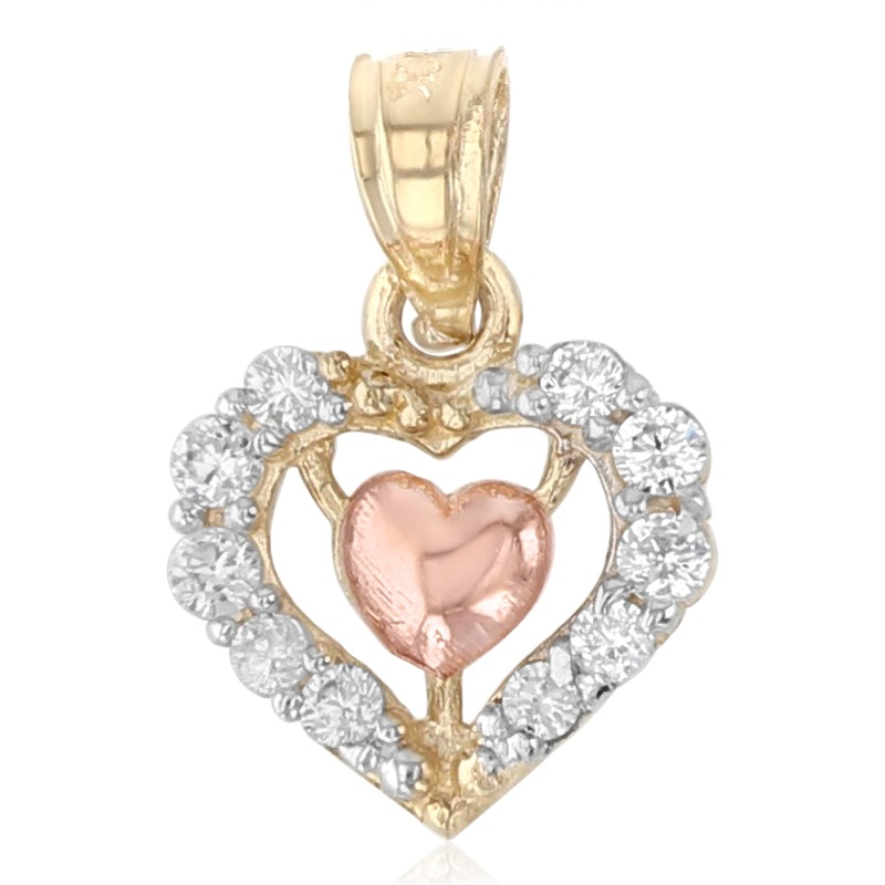14K Gold Cz Fancy Inside Heart Charm Pendant