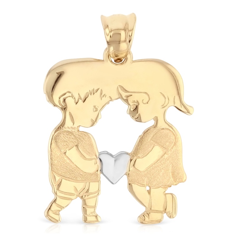 14K Gold Girl And Boy Heart Charm Pendant