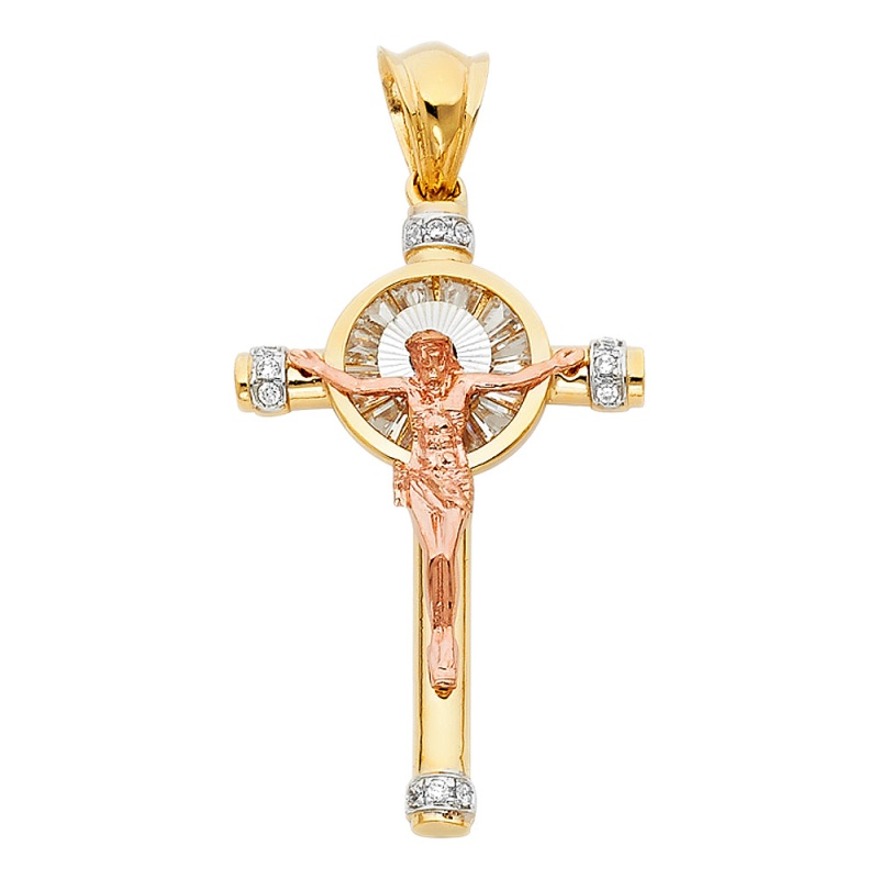 14K Gold Cz Religious Crucifix Charm Pendant