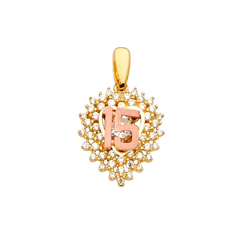 14K Gold Cz 15 Years Quinceanera Charm Pendant
