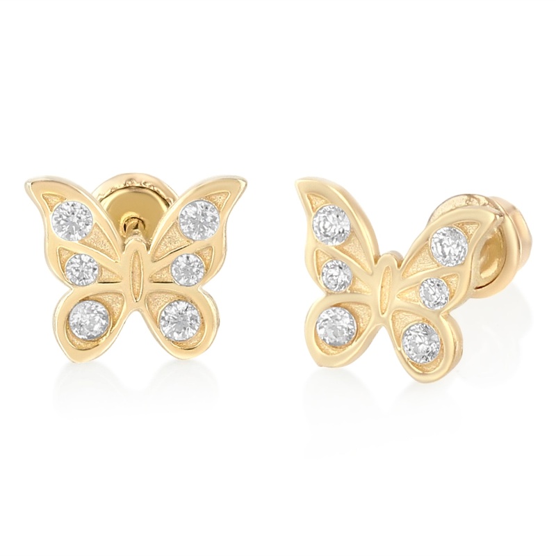 14K Gold Cz Butterfly Stud Earrings